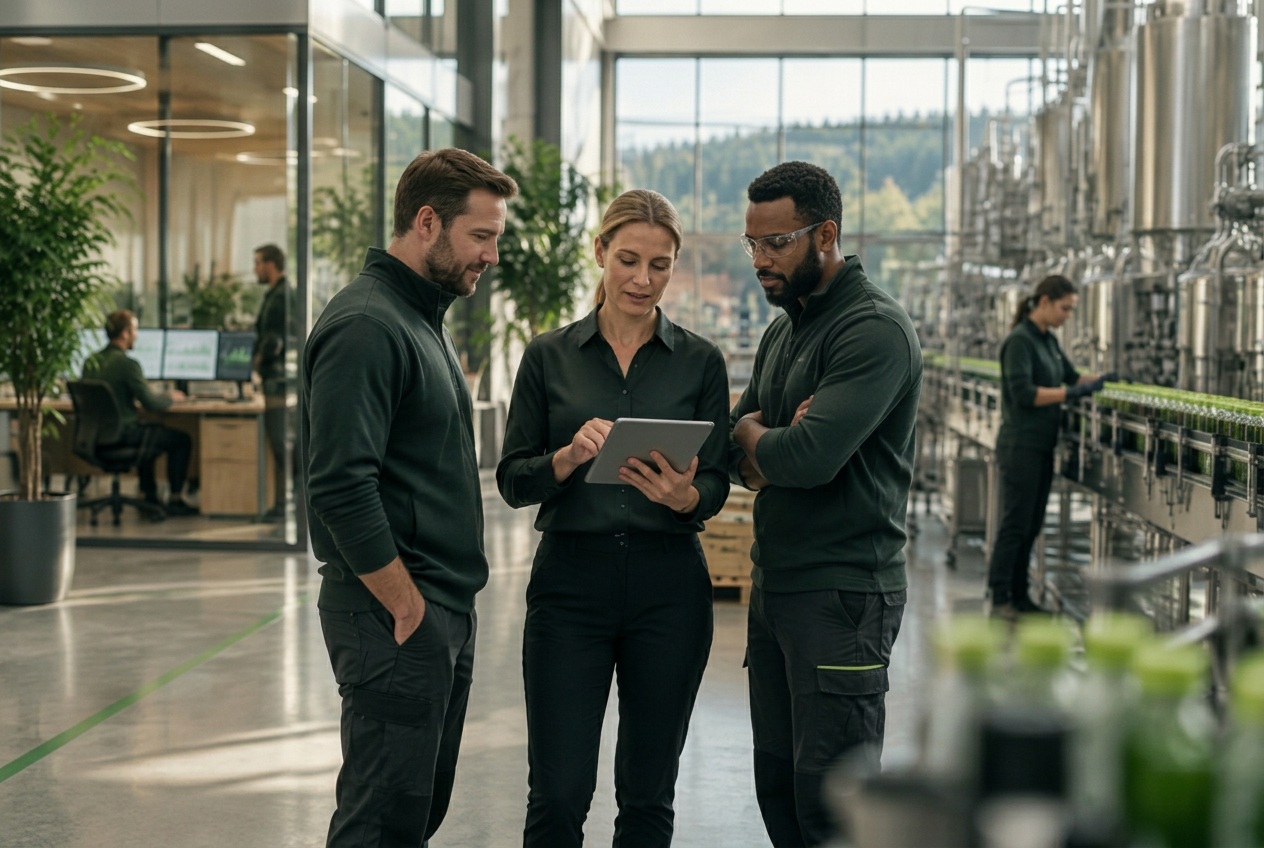 Operations team reviewing live production data on the factory floor
